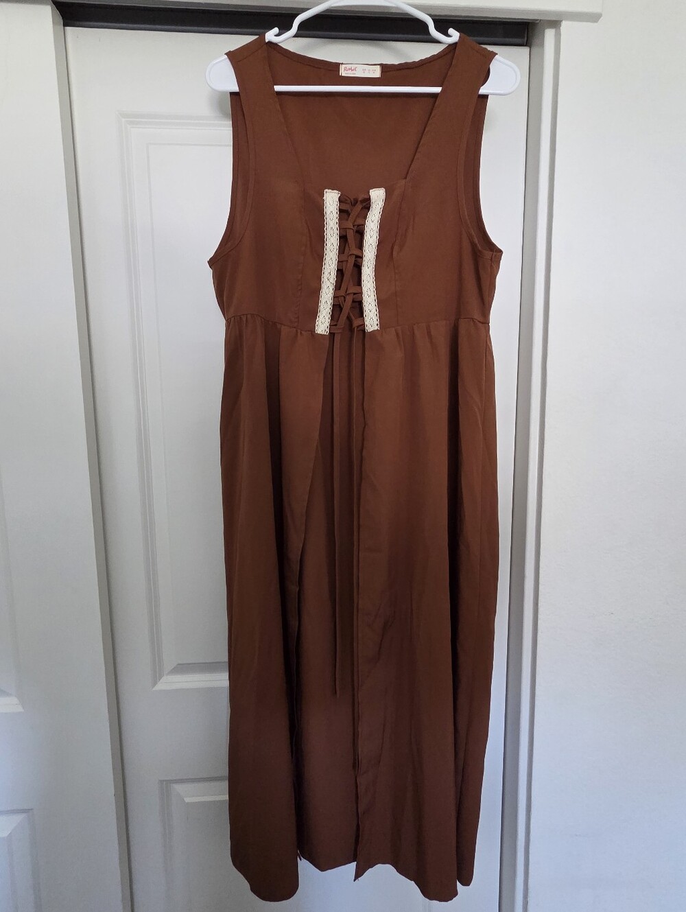 Brown cottagecore-style lace-up maxi overdress from the brand ROMWE